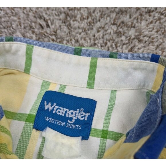 Vintage Wrangler Button Down Shirt Mens Medium Yellow Plaid Sleeve Spellout - Picture 4 of 8